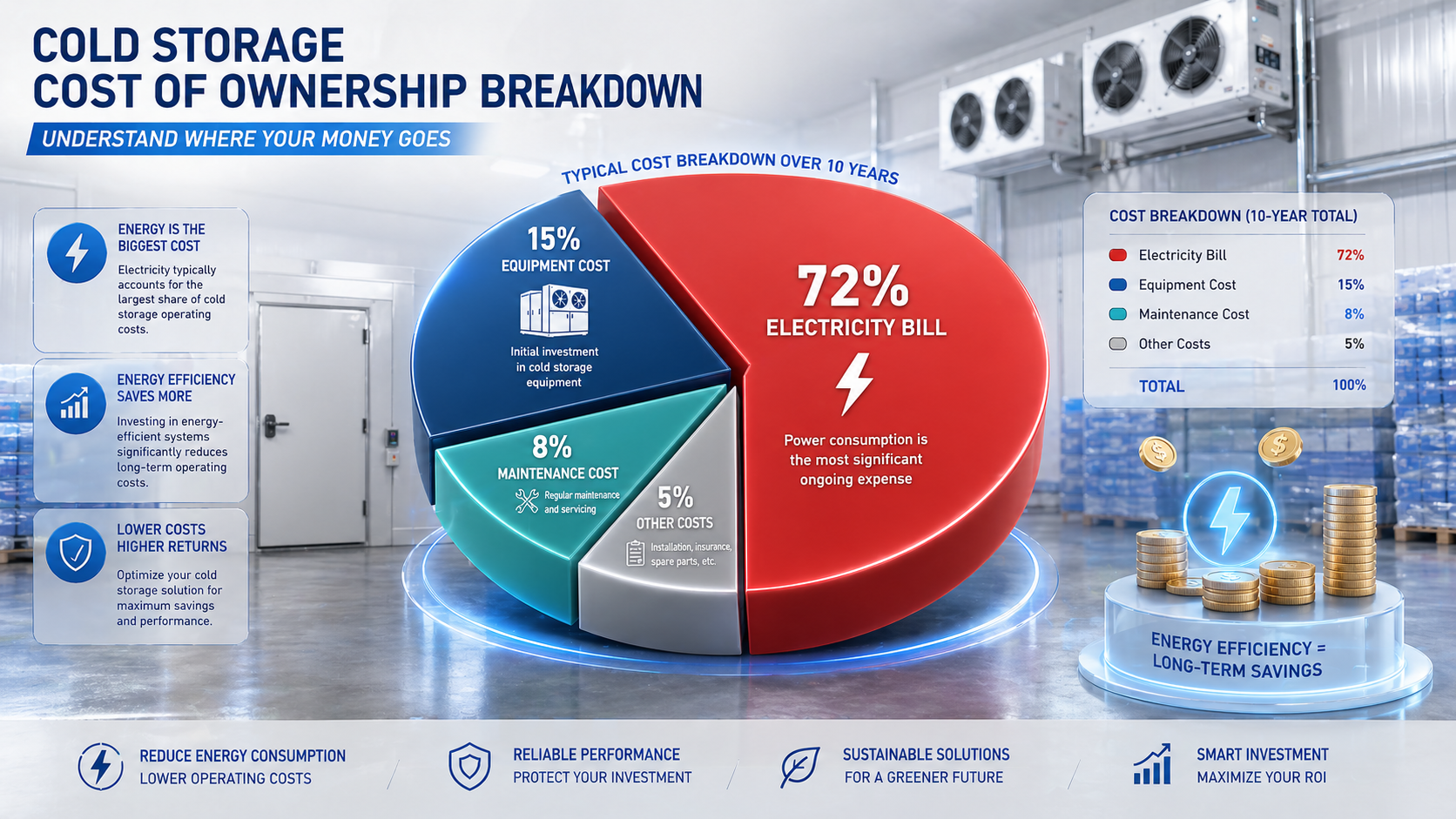 Cold storage cost breakdown — electricity dominates the total cost of ownership