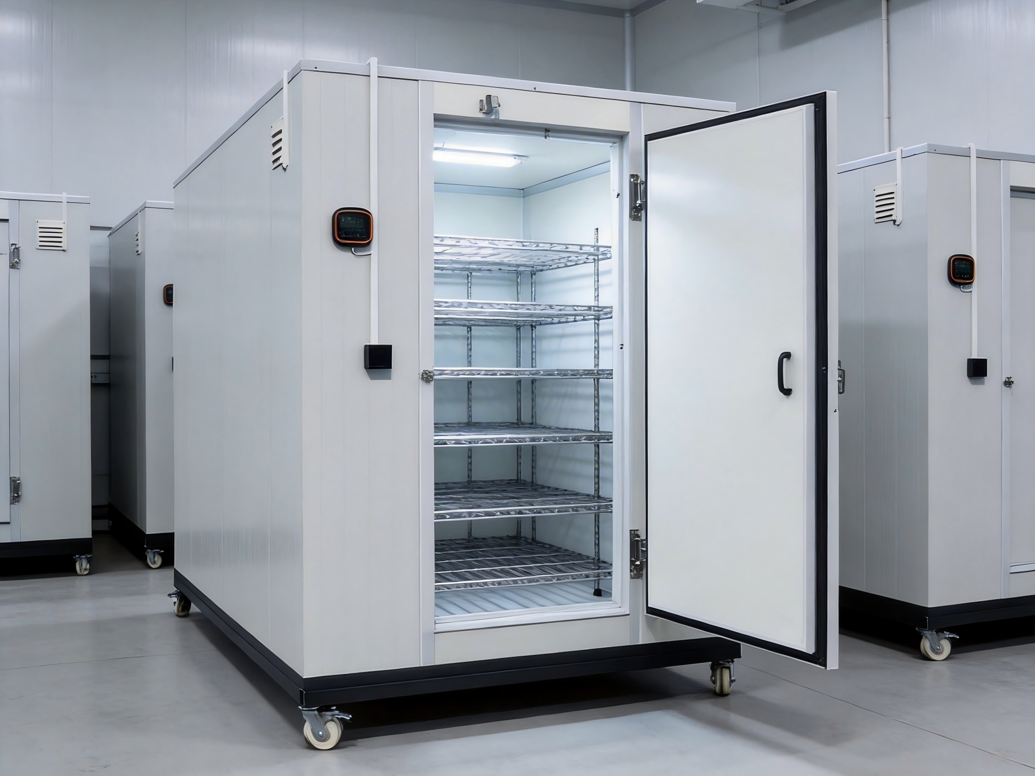 jimeng-2026-03-31-1801-以图片中的模块化冷库为主体，生成一个现代化的工业仓库内部场景，仓库内有多个相同的...