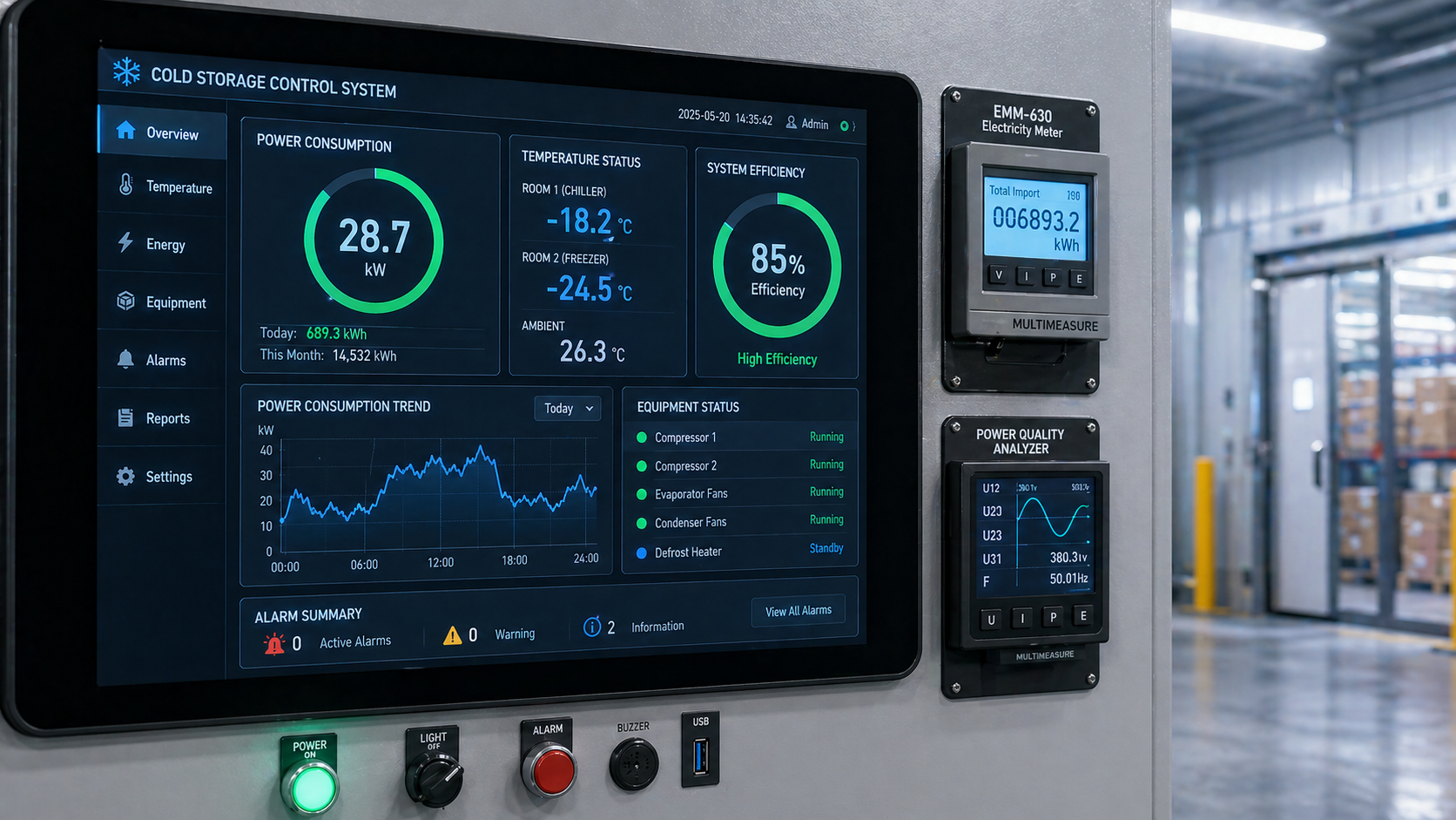 Smart cold storage energy monitoring dashboard — real-time power consumption metrics